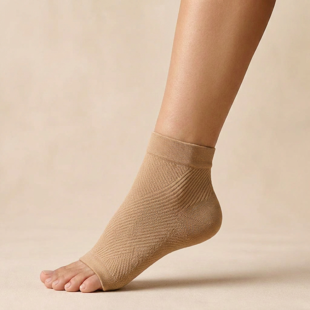 Aquralis FlowSocks open-toe compression sleeves in Sandstone