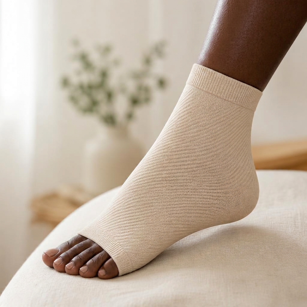 Close-up of the Aquralis FlowSocks open-toe jacquard knit in Natural Beige