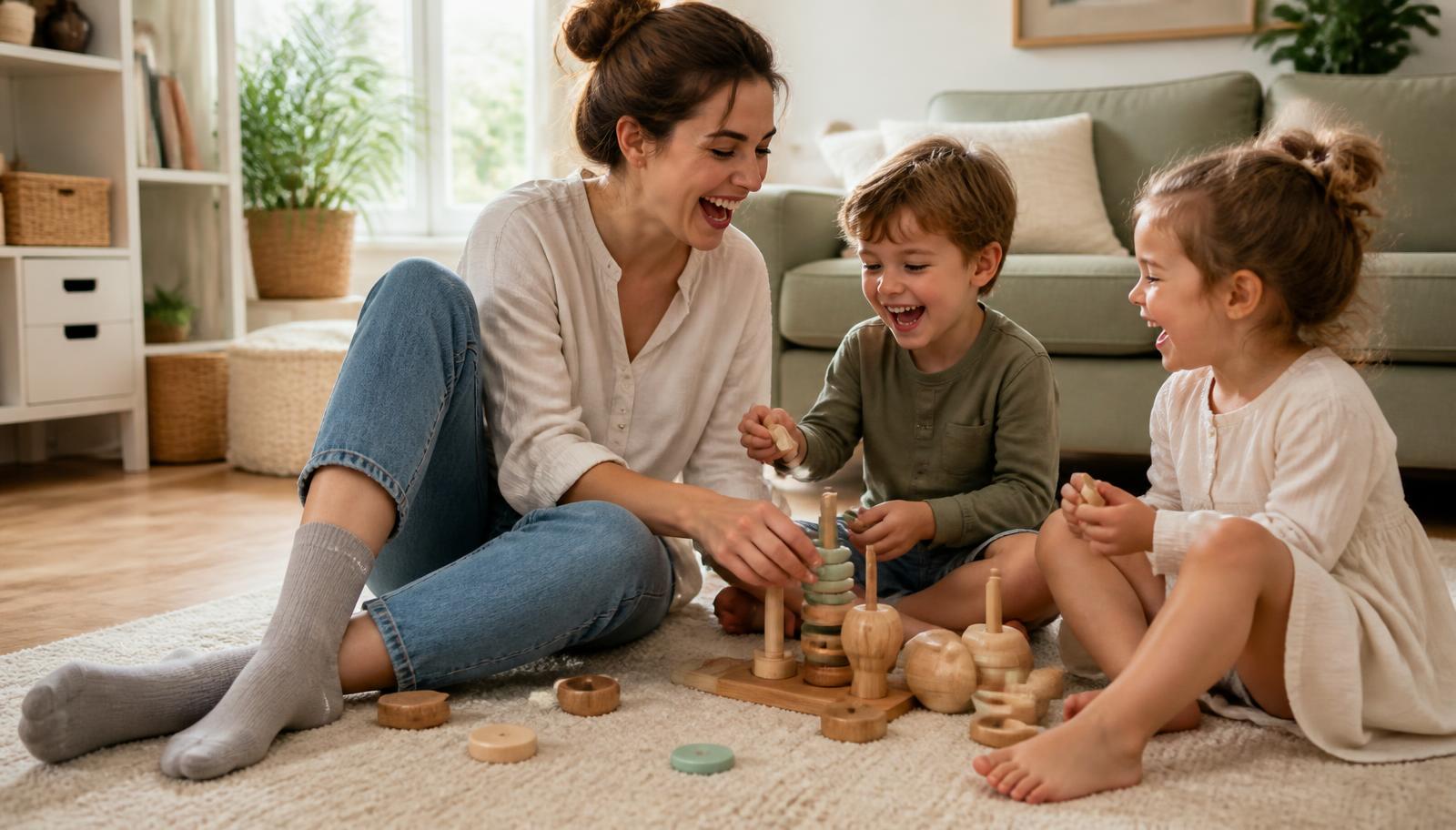 A woman wearing compression socks laughing on the floor playing with her two young children